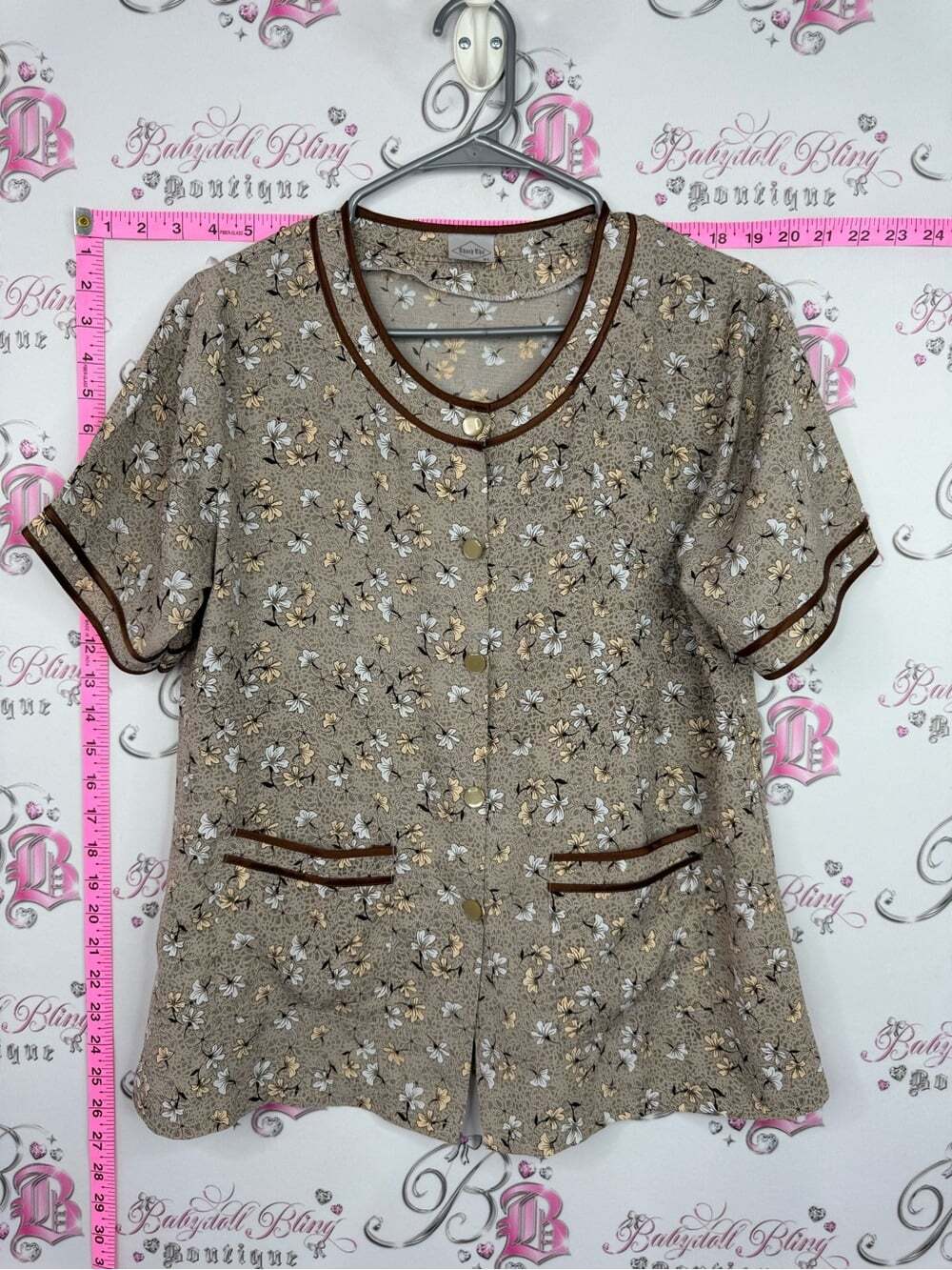 Shirt vintage Floral Button-Front Short Sleeve Top with Contrast Trim